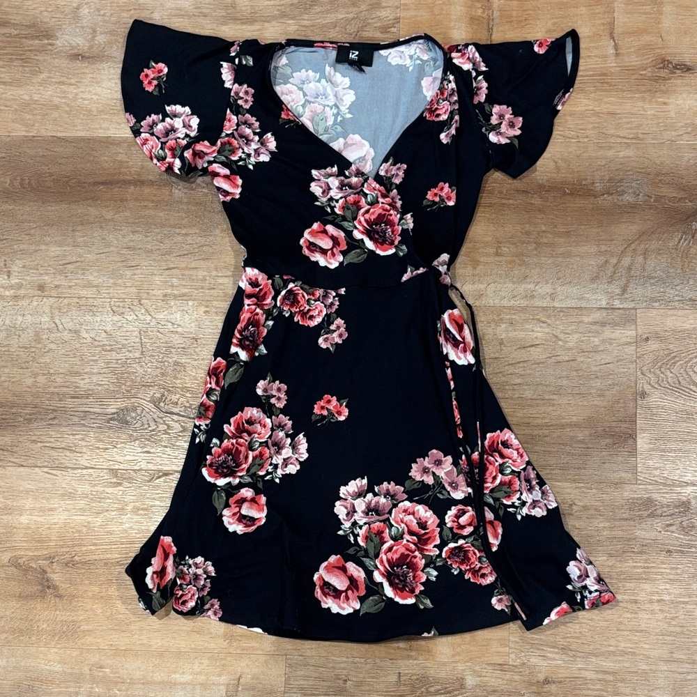 Iz Byer Black Wrap Mini Dress with Pink & Red Floral Print